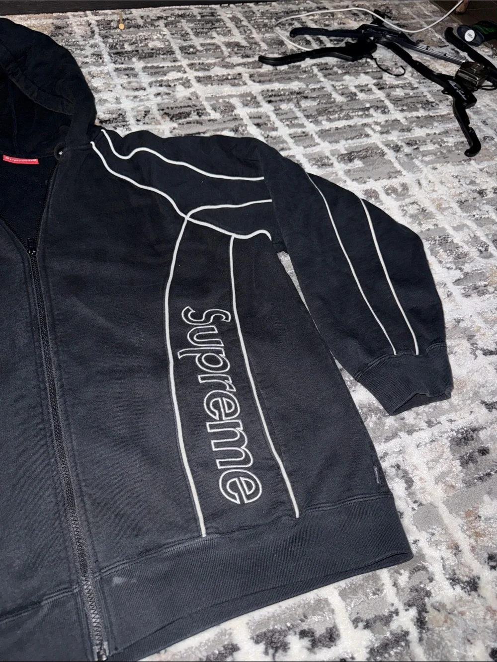 Black Zip-Up Hoodie with White Piping